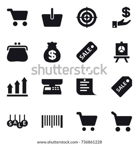 16 vector icon set : cart, basket, target, investment, purse, money bag, sale, presentation, graph up, market scales, shopping list, sale label, barcode