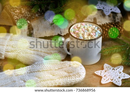 Cup Beverage Hot Chocolate Christmas New Year Concept White Mittens Winter Snow Flat Lay Style White Background