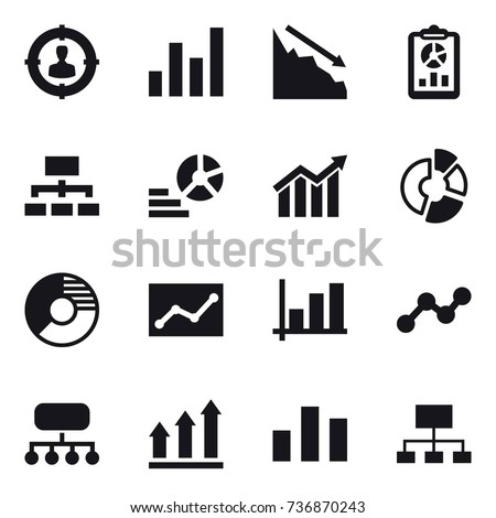 16 vector icon set : target audience, graph, crisis, report, hierarchy, diagram, circle diagram, statistic, structure, graph up Royalty-Free Stock Photo #736870243