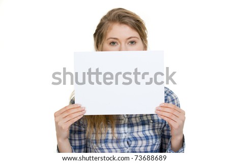 young woman holding blank display with copyspace