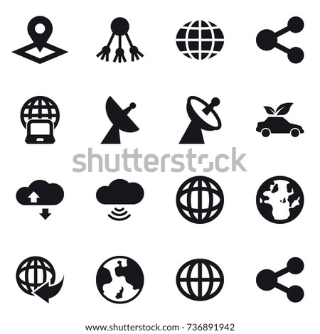 16 vector icon set : pointer, share, globe, notebook globe, satellite antenna, eco car, cloude service, cloud wireless, earth