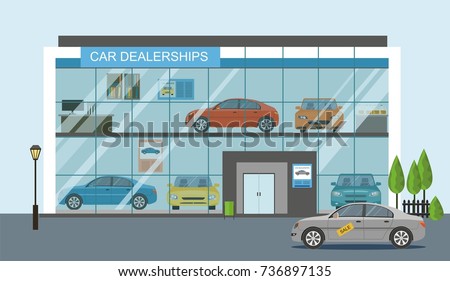 Modern car dealership showroom exterior  Royalty-Free Stock Photo #736897135