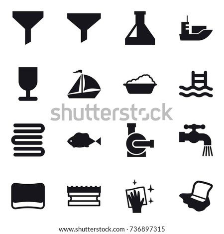 16 vector icon set : funnel, sail boat, washing, pool, towels, water pump, water tap, sponge, wiping, floor washing
