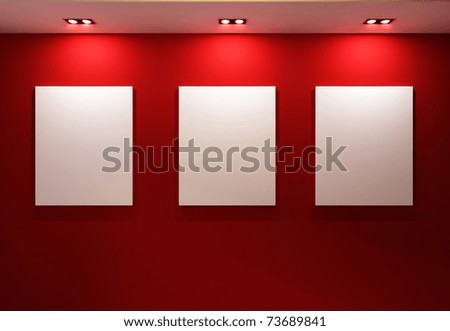 Gallery Interior with empty frames on red wall Royalty-Free Stock Photo #73689841