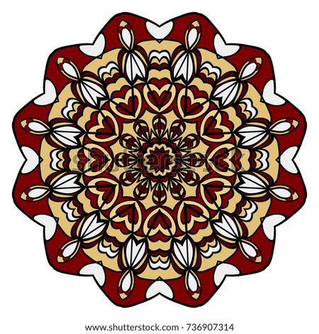 red, gold mandala round ornament design for greeting card, invitation. Vector illustration
