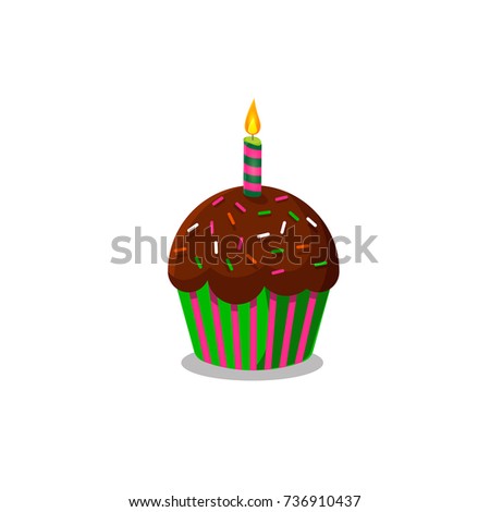 Vector illustration of cup cake with burning candle isolated on white background. Clip art, icon.