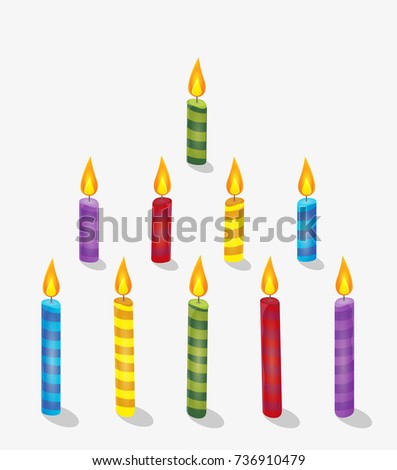 Vector illustration of colored striped burning candles isolated on white background. Clip art. 