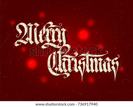 Merry Christmas vector textured calligraphic lettering design. Hand written typography holiday greeting card with bokeh lights over deep red background.