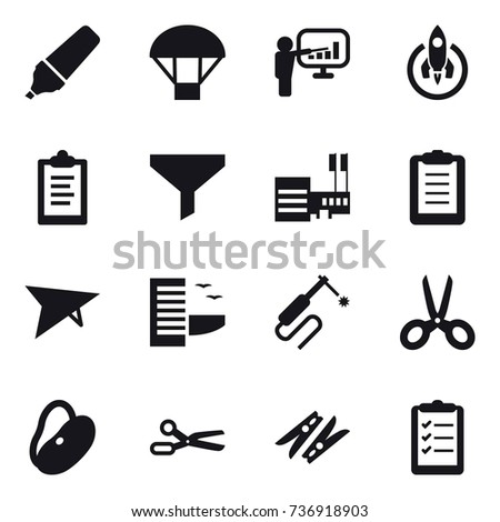 16 vector icon set : marker, parachute, presentation, rocket, clipboard, funnel, mall, deltaplane, hotel, scissors, clothespin, clipboard list