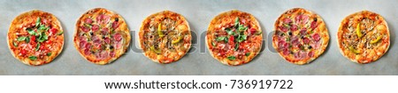 Pizza pattern. Six pieces set on grey concrete background. Top view, copyspace