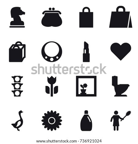 16 vector icon set : chess horse, purse, shopping bag, necklace, lipstick, flower in window, toilet, goose, flower, cleanser, woman with pipidaster