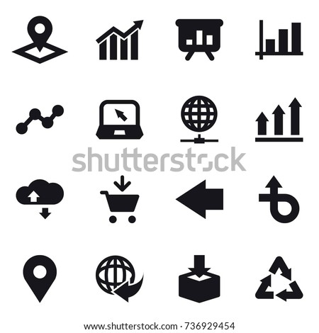 16 vector icon set : pointer, diagram, presentation, graph, notebook, globe connect, graph up, cloude service, add to cart, left arrow