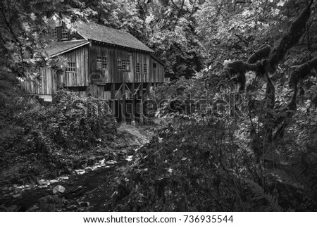 Black and White shot of the Cedar Creek Grist Mill during the early morning hours 