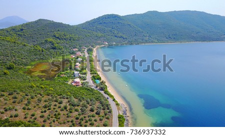 Aerial bird's eye photo taken by drone of exotic seascape and sandy beach with turquoise clear waters and pine trees, North Evoia island, Greece