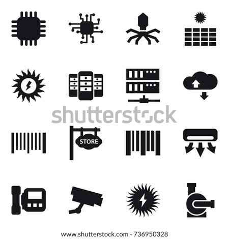 16 vector icon set : chip, virus, sun power, server, cloude service, barcode, store signboard, air conditioning, intercome, water pump