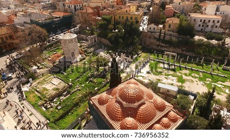 Aerial birds eye view photo taken by drone of iconic Roman Forum in Plaka district, Athens historic center, Attica, Greece