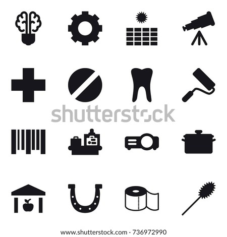 16 vector icon set : bulb brain, gear, sun power, telescope, repair, baggage checking, pan, warehouse, horseshoe, toilet paper, duster