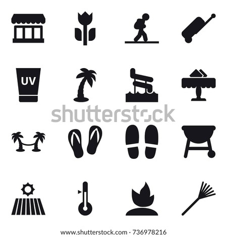 16 vector icon set : market, tourist, suitcase, uv cream, palm, aquapark, restaurant, palm hammock, flip-flops, slippers, field, thermometer, sprouting, rake