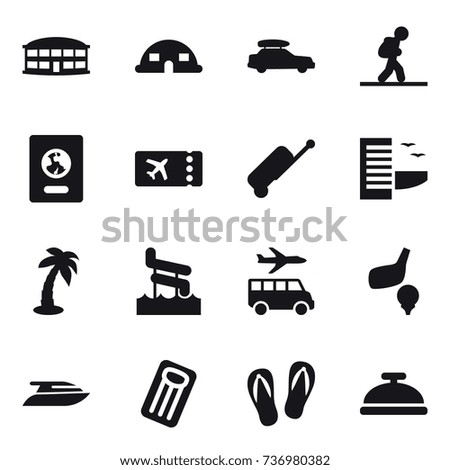 16 vector icon set : airport building, dome house, car baggage, tourist, passport, ticket, suitcase, hotel, palm, aquapark, transfer, golf, yacht, inflatable mattress, flip-flops, service bell