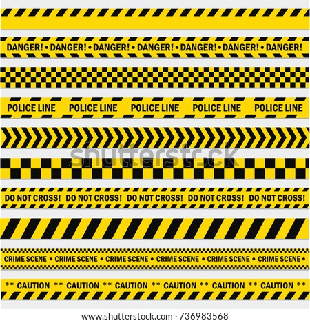 Black and yellow stripes. Barricade tape, Do not cross, police, crime danger line, bright yellow official crime scene barrier tape. Vector flat style cartoon illustration isolated on white background Royalty-Free Stock Photo #736983568