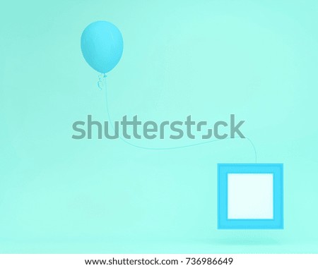 Outstanding blue balloon floating with picture frame on blue pastel background. minimal concept idea. picture frame used to place picture or image style in the presentation for your.