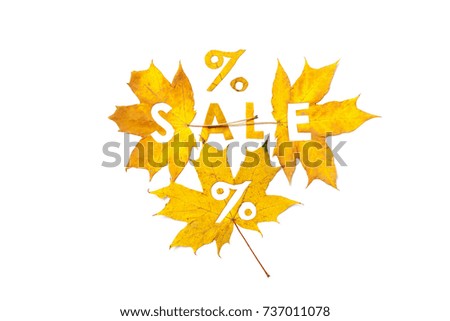 Discounts in the autumn period. Letters percent sign carved on a beautiful yellow maple leaf on a white background closeup
