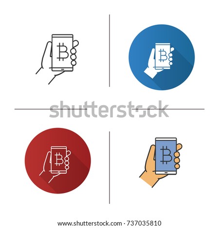 Bitcoin digital wallet icon. Flat design, linear and color styles. Cryptocurrency. Hand holding smartphone with bitcoin sign. Isolated vector illustrations