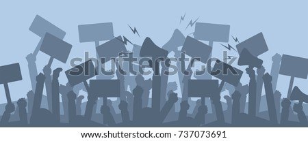 Silhouette crowd of people protesters. . Protest, revolution, conflict. Flat vector illustration. Royalty-Free Stock Photo #737073691