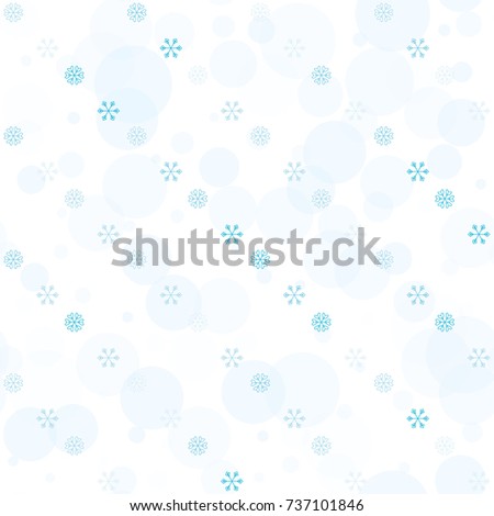 Seamless Christmas background with random scatter falling turquoise snowflakes and blue polka dots isolated on white.