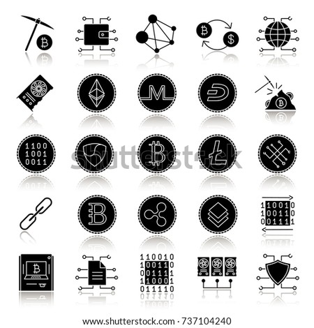 Cryptocurrency drop shadow black glyph icons set. Mining business. E-currency. Isolated vector illustrations