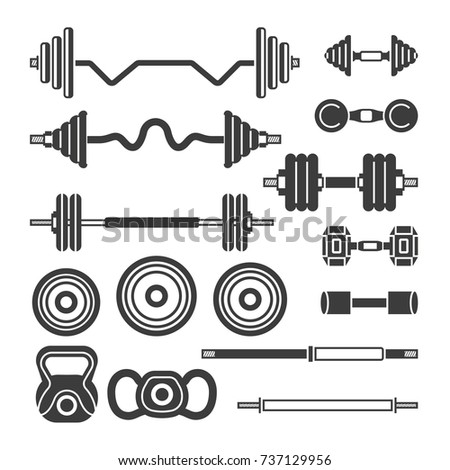 Set of gym equipment - modern vector monochrome isolated clip art isolated on white background. Barbells, power lifter, hand weights. Fitness, sport, power, healthy lifestyle concept. Vintage style