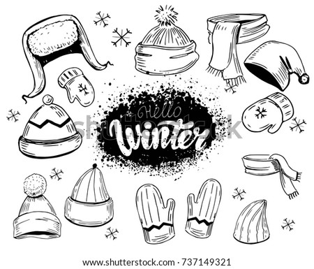 Set of hats, scarves, mittens. Hand drawn illustration converted to vector