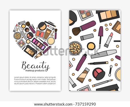 Card templates with doodle colored decorative makeup products. Used clipping mask.