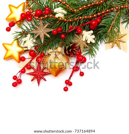 Christmas Background with Glass Ball, Golden Stars, Xmas Tree Branch and Red Berry. Christmas Decoration on White Background