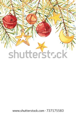 Watercolor Christmas tree branches with a crescent, a star and bells hang on gold chains. Colored vertical rectangle frame with space for text.