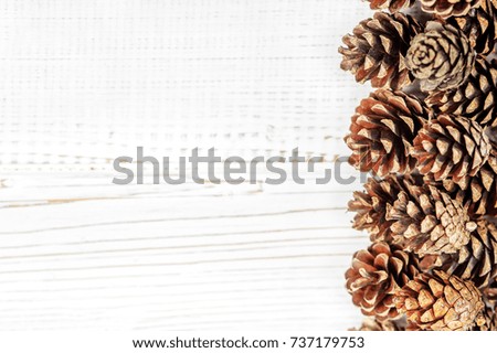 Wooden background with cones. Concept Happy Christmas, New Year, holiday, winter.
