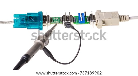 Detail of data line signals measurement. Industrial serial bus signals monitoring. Isolated on white background.