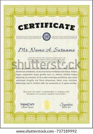 Yellow Certificate or diploma template. Money design. With complex background. Detailed. 