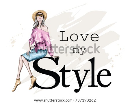 Beautiful young woman in hat. Fashion girl sitting. Stylish woman in sunglasses. Sketch. Vector illustration.
