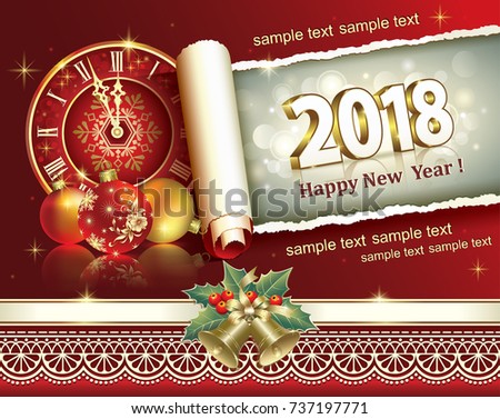 Postcard Happy New Year 2018 on a red background with ornament and ribbon with bells. Vector illustration