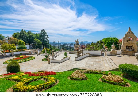Spectacular aerial view of Braga cityscape, north of Portugal, from the top of the popular Sanctuary of Bom Jesus do Monte and public gardens.