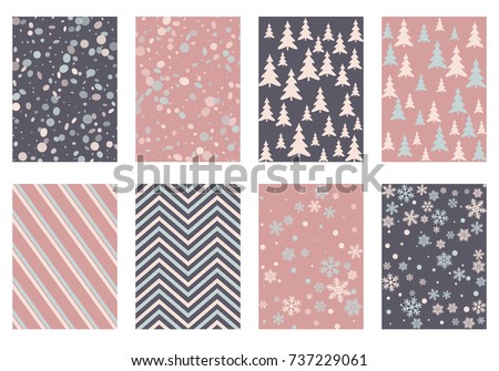 Winter background snow pattern, halftone texture, christmas tree silhouette, confetti explosion. Winter Christmas backgrounds, snow flakes isolated, halftone, circle confetti textures, fir trees cards