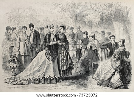 Old illustration of springtime fashion 1868 in Paris. Original, created by Pauquet, was published on L'Illustration, Journal Universel, Paris, 1868