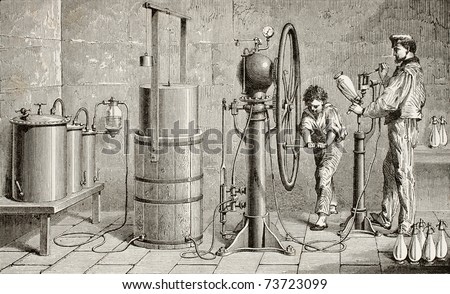 Antique illustration of a Ozouf apparatus for fizzy water production. Original, created by Javandier and Hildibrand, was published on L'Eau, by G. Tissandier, Hachette, Paris, 1873