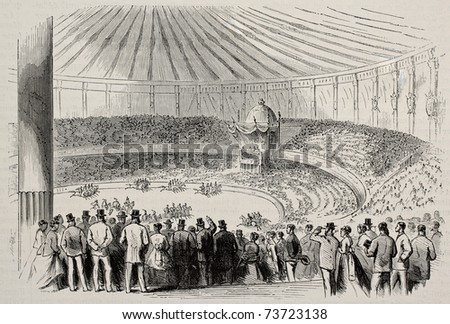 Old illustration of equestrian show celebrating Margherita of Savoy and Umberto of Savoy wedding in Turin, Italy.  Created by Pauquet, was published L'Illustration, Journal Universel, Paris, 1868