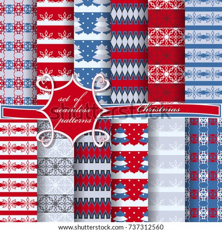 Set of seamless christmas illustrations. Abstract vector paper with Christmas symbols and design elements for scrapbook