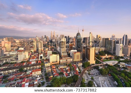 Beautiful view of golden city Kuala Lumpur during sunset 