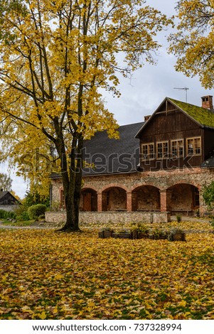 ruins of old abandoned stone brick castle in autumn with yellow colored tree leaves