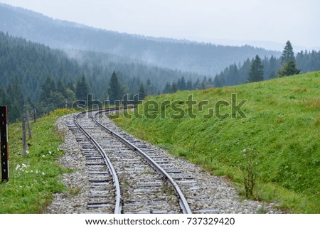 wavy railroad tracks in wet summer day in forest with green meadow on horizon