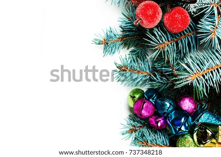 Christmas fir tree with decoration and copy space, isolated on white background. Merry christmas concept greeting card.

